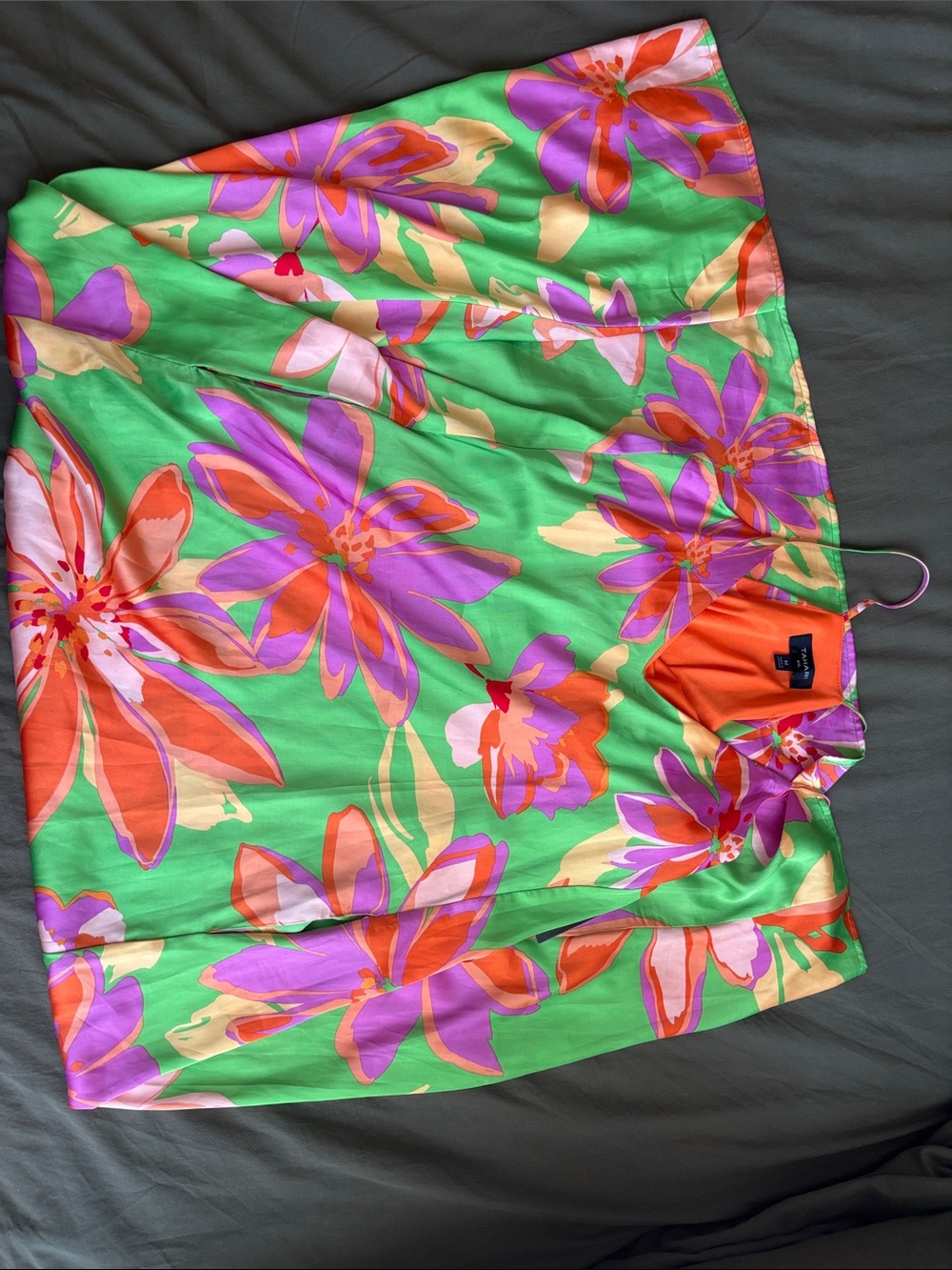 NWT Tahari ASL Green Floral Satin Maxi with Purple and Orange Blooms
